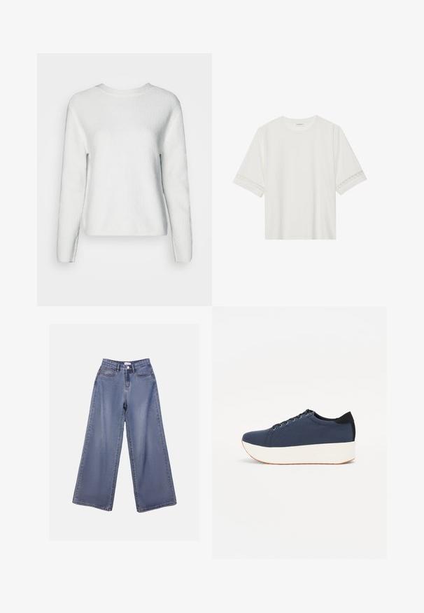 Valge kootud sviiter, millel on ümar kaelus, pikad varrukad, tekstuuriga ribade muster ja mugav lõige.; Valge lühikese varrukaga T-särk, mis on valmistatud puuvillast, kaunistatud pitsiga varrukate ääres ja ümmarguse kaelusega.; Laia sinise pesu laiad teksad, millel on kõrge talje, ees taskud ja nööbilukuga vöörihmade jaoks.; Tumedat sinised tennised tekstureeritud riidest pealispinnaga, valge platvormi tallaga, ümarate varvaste ja musta kontsapaneeliga. Omab kuut silma paelte jaoks.