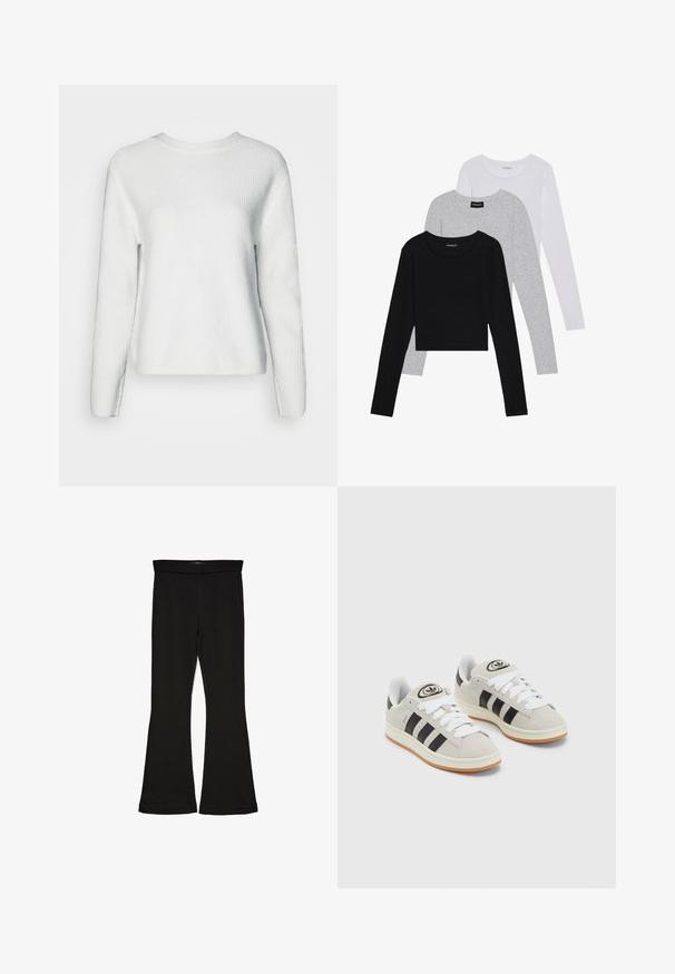 Vitt stickat tröja med rundad hals, långa ärmar, en texturerad ribbstruktur och en avslappnad passform.; Tre långärmade tröjor staplade: svart, grå och vit. Var och en har en rund halsringning och en kort design med mjukt, lätt material.; Svarta flare leggings tillverkade av elastisk tyg. Har en bred midja och en slät yta, med en åtsittande silhuett som flares vid fållen.; Grå mocka sneakers med vita snören, svarta ränder och en vit gummisula. Har en rund logo på tungan och en gummisula.
