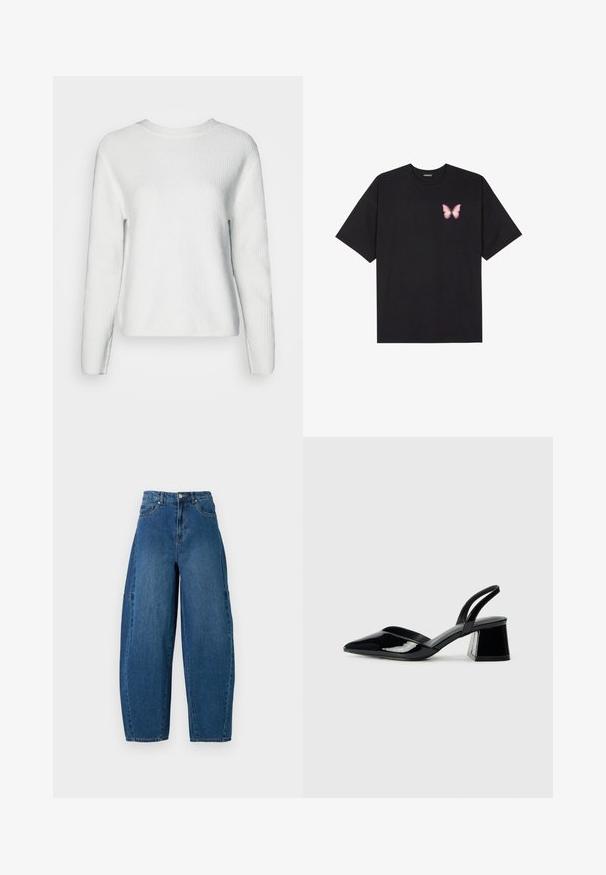 Sweater branco tricotado com decote redondo, mangas longas, um padrão de riscas texturadas e um corte descontraído.; T-shirt de algodão preto com mangas curtas, apresentando um pequeno gráfico de borboleta rosa no lado esquerdo do peito. Design de gola redonda com um corte solto.; Denim jeans em um tom de azul médio, apresentando uma cintura alta, corte largo e design padrão de cinco bolsos com detalhes de costura visíveis.; Sandy em verniz preto com salto slingback, ponta afilada e salto geométrico. Apresenta um design elegante e minimalista com textura suave.