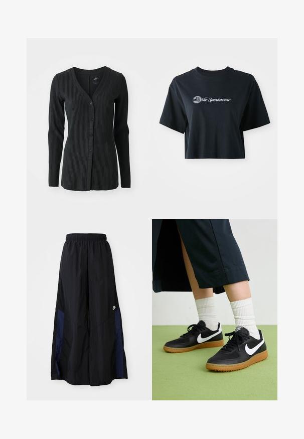 Svart ribbad cardigan med V-hals, långa ärmar och knappstängning fram med fem knappar. Tillverkad av texturerat tyg.; Skuren svart bomulls t-shirt med korta ärmar, med vit text "Vice Sportswear" och en cirkulär grafik framtill.; Svarta vida byxor gjorda av lättviktig tyg, med en marinblå sid panel och ett elastiskt midjeband. Litet vitt logotyp nertill.; Svarta läder- och syntetiska sneakers med vit Nike-logga, gummisula, rund tå och svarta snörningar. Ribbad vit strumpor synliga.