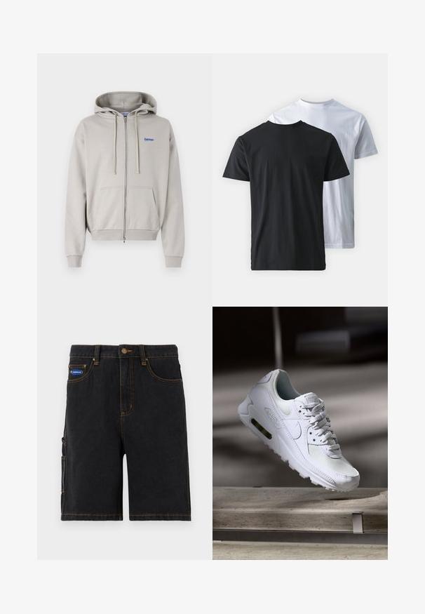 Lys grå hettegenser med glidelås laget av myk stoff, med kengurulomme, snorhette, og blå brodert logo på brystet.; To t-skjorter i bomull vist rygg mot rygg: en svart og en hvit. Begge har korte ermer og rund hals, med en glatt tekstur.; Sorte denimshorts med frontlommer, en sidelomme i cargo-stil og oransje søm. Har en metallknapplukking og et merke-patch.; Hvit Nike Air Max 90 sneakers med øvre del laget av mesh og skinn, perforert tåboks og en synlig luftenhet i hælen.