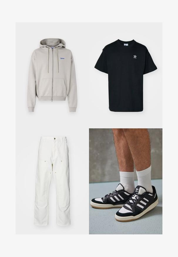 Svetlosivá mikina s kapucňou na zips vyrobená z jemného materiálu, s klokanou kapsou, šnúrkou na kapucni a modrou vyšívanou logom na prednej časti.; Čierne bavlnené tričko s okrúhlym výstrihom a krátkymi rukávmi, s malým bielym logom Adidas na ľavej strane hrude.; Biele bavlnené cargo nohavice s voľným strihom. Medzi vlastnosti patrí predné vrecká, zlaté detaily a zosilnené kolenné časti.; Čierno-biele tenisky s vrchom z semišu a kože, s troma bielymi pruhmi, perforovanou špičkou a gumovou podrážkou.