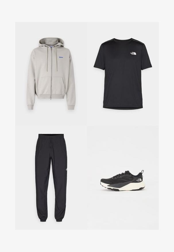 Hele hall hallide zip-up kapuutsviid, mis on valmistatud pehmest kangast. Omab känguru taskut, nööriga kapuutsi ja sinist tikandiga logo rindkere piirkonnas.; Must mustaöödiga must T-särk, mis on valmistatud kerge riidekanga. Esiküljel on vasakul rinnal väike valge logo ning õlgadel on peened aktsendid.; Mustavad sportlikud püksid, mis on valmistatud kergest kangast, joonlauaga taljest, küljetaskudega ja kitsenevate varrukatega pahkluude juures.; Must have musta sportlik king, millel on tekstureeritud võrgu ülemine osa, soliidne mustade aktsentidega ja kerge valge tallaga. Omab kinnituspaelu ja tõmbeaset.