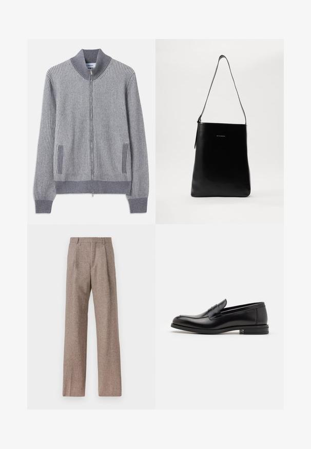 Pelēks ribots adīts džemperis ar stāvošu apkakli, rāvējslēdzēju un sānu kabatām; piedurknēs un kabatu apmalēs ir kontrastējoša tekstūra.; Balts garo piedurknēm krekliņš ar pogām, izgatavots no kokvilnas, ar krūšu kabatu ar tonālu izšuvumu, apkakli un pogām pie piedurknēm.; Brūni, augstos šortos izgatavoti no teksturēta auduma. Iezīmē plašas kājas un divas priekšējās krokas, kas nodrošina struktūru. Kārtīga apdare bez redzamām detaļām.; Melnas ādas kurpes ar gludu tekstūru, noapaļu purngalu un dekoratīvu siksniņu pāri priekšpusei. Zems sakrauts papēdis, minimālisma dizains.; Melnas ādas pleca soma ar gludu tekstūru, taisnstūra formu un garu siksnu; centrā ir neliels balts logotips.