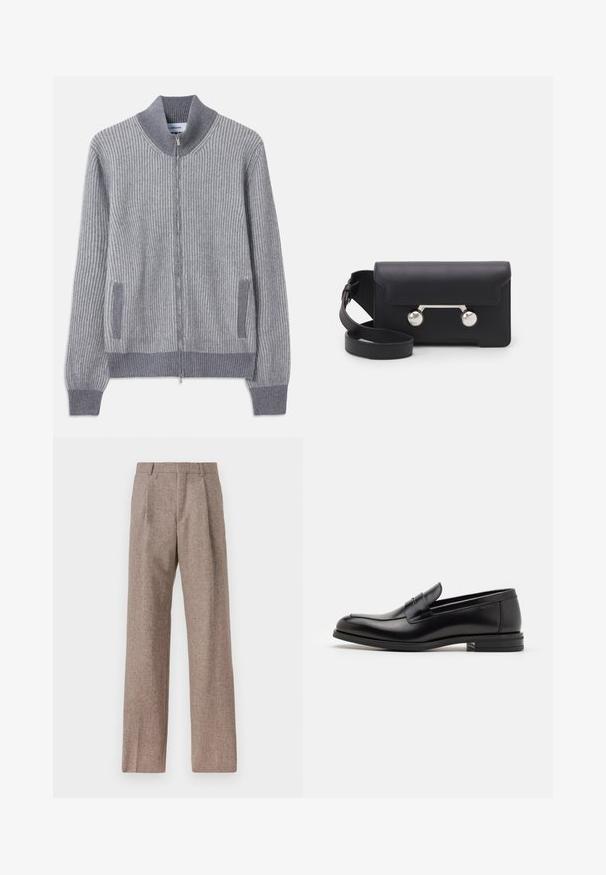 Szürke bordázott kötött kardigán, álló gallérral, cipzáros záródással és oldalsó zsebekkel; a mandzsetták és a zsebszegélyek kontrasztos textúrával rendelkeznek.; Fehér, hosszú ujjú, gombos ing pamutból, mellzsebbel, tónusos hímzéssel, gallérral és gombos mandzsettával.; Barna, magas derekú nadrág texturált anyagból. Széles szárai és két elülső redője biztosítja a struktúrát. Ízléses kivitel, látható fémszerelés nélkül.; Fekete bőr loaferek sima textúrával, kerek orral és dekoratív pánttal a vampnál. Alacsony, rétegelt sarkú, minimalista dizájn.; Fekete bőr keresztpántos táska hajtókával, ezüst színű kiegészítőkkel és két kerek díszítéssel. Levehető pánttal rendelkezik. Simább textúrájú.