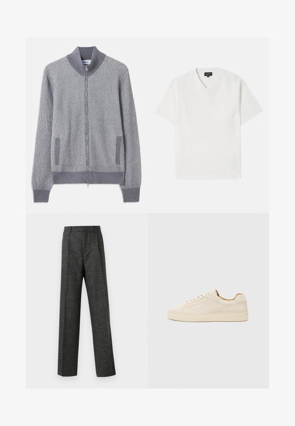 Szürke bordázott kötött kardigán, álló gallérral, cipzáros záródással és oldalsó zsebekkel; a mandzsetták és a zsebszegélyek kontrasztos textúrával rendelkeznek.; Fehér, rövid ujjú V-nyakú póló, texturált anyagból, finom mintával. Kicsi logóval a mellkasán.; Szürke, texturált anyagból készült, szabott nadrág, két elülső pliszével és egyenes lábbal. Nincsenek látható zsebek vagy díszítések.; Beige velúr sportcipő alacsony fazonban, kerek orral, lapos fűzőkkel és texturált gumitalppal. Minimalista stílus, látható logók nélkül.