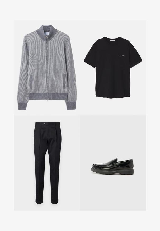 Pilkos vertikalios megztos megztuko su stovinčiu apykakle, užtrauktuko uždarymu ir šoniniais kišenėmis; turi kontrastingos tekstūros rankogalius ir kišenių apdailą.; Juoda medvilninė marškinėlė su apykakle, trumpomis rankovėmis ir baltu logotipu kairėje krūtinės pusėje. Paprastas, vientisas spalvų dizainas.; Juodos kelnės pagamintos iš lygaus audinio, su raukšle priekyje, mygtuko uždarymu ir suknežintomis rankovėmis ties kulkšnimi.; Juodas odinis loaferis su blizgiu paviršiumi, apvaliu pirštu, subtiliais siūlių detalėmis ir storu guminio pado, užtikrinančio ilgaamžiškumą.