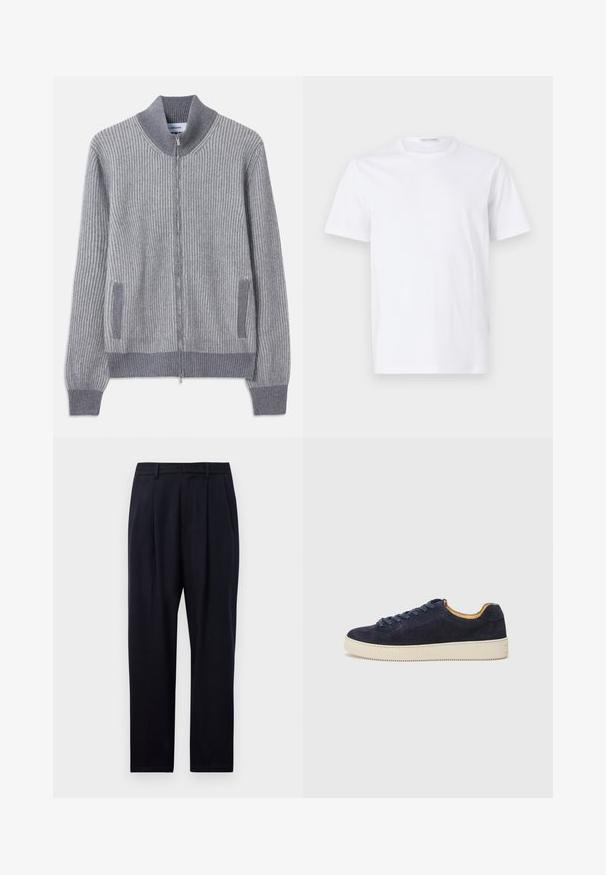 Szürke bordázott kötött kardigán, álló gallérral, cipzáros záródással és oldalsó zsebekkel; a mandzsetták és a zsebszegélyek kontrasztos textúrával rendelkeznek.; Fehér pamut póló kerek nyakkivágással és rövid ujjakkal. Simaságú textúra, egyenes szabás és minimalista kialakítás minták vagy díszítések nélkül.; Tengerészkék egyenes szabású nadrág, texturált anyagból, két elülső pliszéval, övhurkokkal és cipzáras záródással.; Tengerészeti suède alacsony szárú sportcipő kerek orral, törtfehér gumitalppal és hozzá illő fűzőszerkezet; kontrasztos barna belső béléssel rendelkezik.