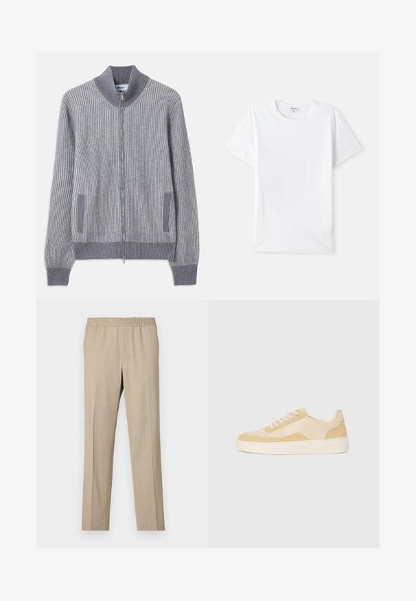 Pilkos vertikalios megztos megztuko su stovinčiu apykakle, užtrauktuko uždarymu ir šoniniais kišenėmis; turi kontrastingos tekstūros rankogalius ir kišenių apdailą.; Balta medvilninė marškinėlių, apvalia iškirpte, trumpomis rankovėmis, lygia tekstūra, be raštų ar akcentų, paprastas dizainas, standartinio kirpimo.; Filippa K THEO - Kelnės - sage melange; Šviesiai geltoni zomšiniai ir odiniai sportbačiai, turintys paminkštintą pado ir siuvinėtus akcentus. Klasikinis raištelių modelis su apvaliu pirštu.