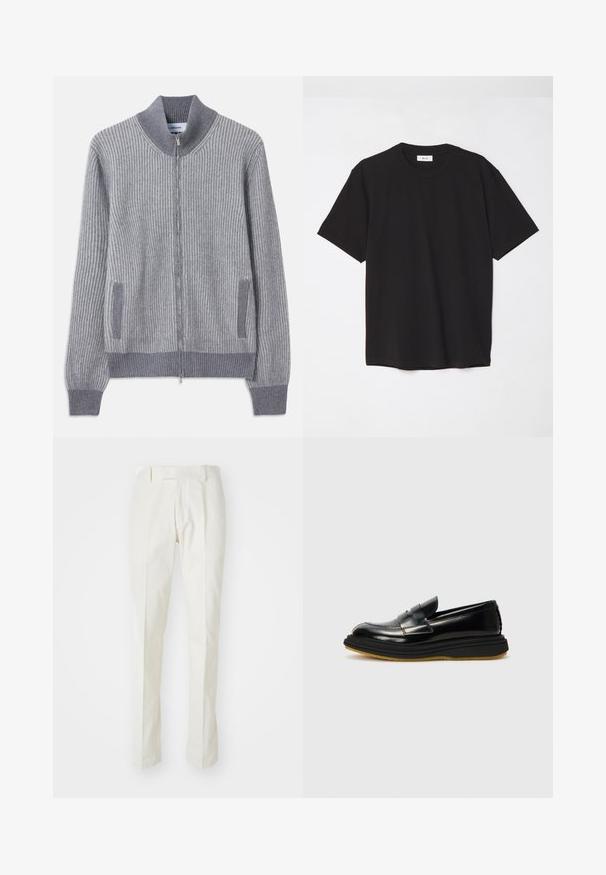 Szürke bordázott kötött kardigán, álló gallérral, cipzáros záródással és oldalsó zsebekkel; a mandzsetták és a zsebszegélyek kontrasztos textúrával rendelkeznek.; Fekete pamut póló kerek nyakkal, rövid ujjakkal és laza szabással. Egyszerű dizájn, sima textúra, látható minták vagy logók nélkül.; Fehér, pamut anyagú nadrág, egyenes szabással, lapos elülső résszel, és nincs rajta látható minta vagy fém kiegészítő. Simaszövet.; Fekete bőr mokaszin, struktúrált kialakítással, kiemelkedő elülső panellel, varrott részletekkel és vastag, texturált gumi talppal.