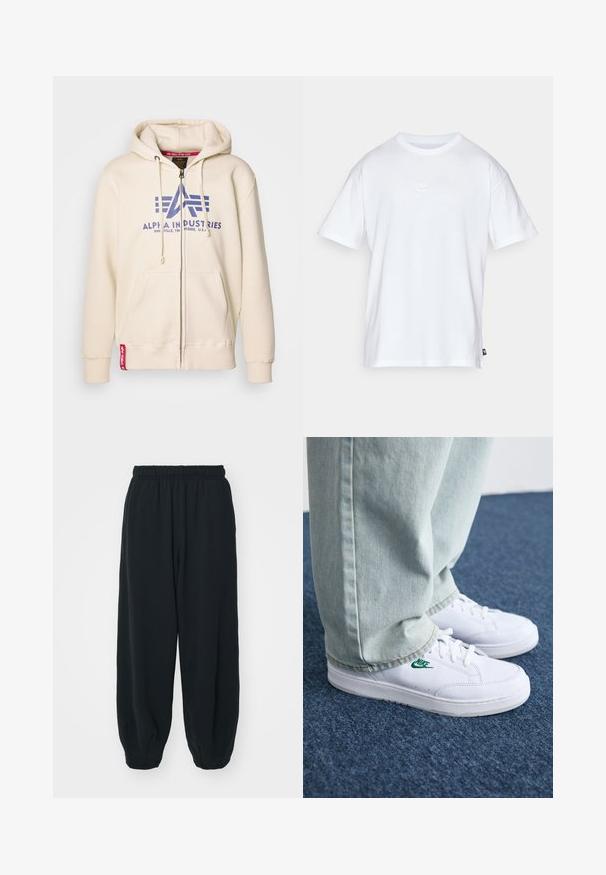 Krema barve zapiralna kapuca iz mehkega bombaža, s plavim logotipom "Alpha Industries", sprednjimi žepi in rdečim dodatkom.; Bela bomba iz bombaža s kratkimi rokavi in okroglo ovratnikom. Ima majhen, diskreten Nike logotip na prsih in stranski etiket.; Črne, elastične hlače za prosti čas z ohlapnim krojem, manšetami na gležnjih, gladko teksturo in brez vidnih vzorcev ali dodatkov.; Bela usnjena športna obutev z zelenim Nike logotipom, okrogla konica, ravna podplat, v kombinaciji z svetlo modrimi kavbojkami, prikazana na modrem preprogu.