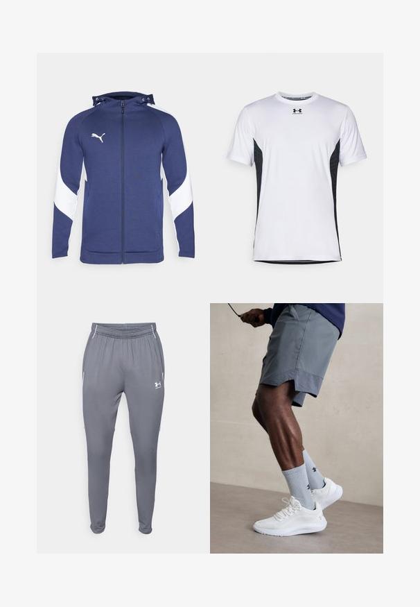 Navyblauer Reißverschluss-Hoodie mit einem weißen diagonalen Design auf den Ärmeln, verstellbarer Kapuze, Fronttaschen und einem kleinen weißen Logo auf der Brust.; Under Armour CHALLENGER PRO SS - Sport T-Shirt - white/black; Graue Sportpants mit elastischem Bund, Seitentaschen und weißen Akzenten. Hergestellt aus einem glatten, leichten Material.; Weiße Sportschuhe mit strukturiertem Mesh-Obermaterial, kombiniert mit hellblauen gerippten Socken mit einem Logo. Graue Sportshorts mit perforiertem Saum.