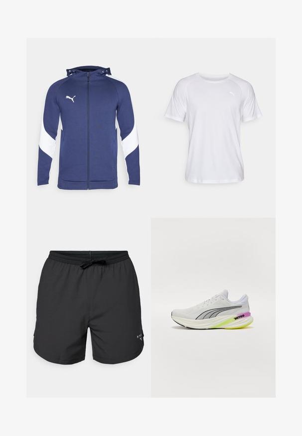 Námořnická modrá mikina na zip s bílým diagonálním designem na rukávech, nastavitelnou kapucí, předními kapsami a malým bílým logem na hrudi.; Bílé sportovní tričko s krátkým rukávem a hladkým povrchem. Má oválný výstřih a malé logo v světlejším odstínu na levé straně hrudi.; Černé plavkové šortky s elastickým pasem a stahovací šňůrkou. Lehce látka s bočními kapsami. Obsahuje malé logo na lemu.; Bílé sportovní boty s prodyšným síťovaným svrškem, černými akcenty a vícbarevnou podrážkou s fialovými a zelenými detaily.