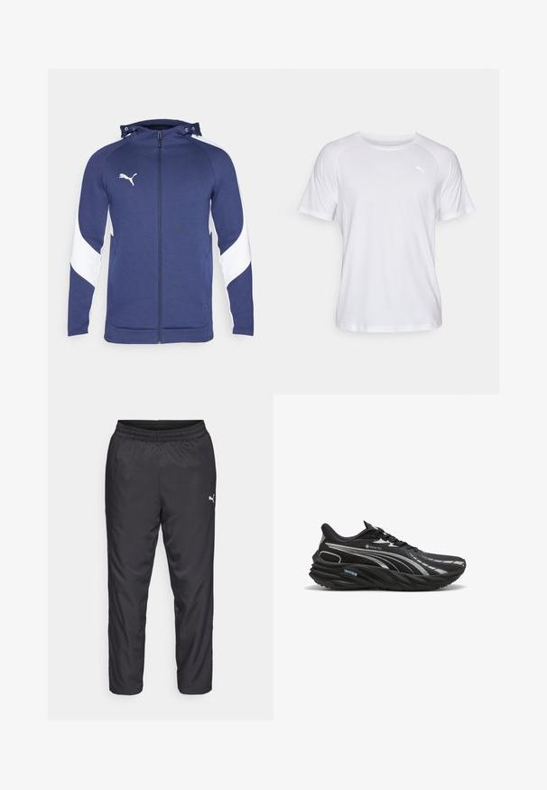 Navyblauwe ritsjack met een witte diagonale lijn op de mouwen, verstelbare capuchon, voorkeurszakken en een klein wit logo op de borst.; Witte sportshirt met korte mouwen en een gladde textuur. Heeft een ronde hals en een klein logo in een lichte kleur op de linkerborst.; Zwarte sportbroeken gemaakt van glad, lichtgewicht materiaal. Heeft een elastische tailleband en een klein wit logo aan de linkerkant.; Zwarte hardloopschoen gemaakt van GORE-TEX-materiaal, met een gestructureerde bovenkant, gebogen zool en reflecterende zilveren accenten.