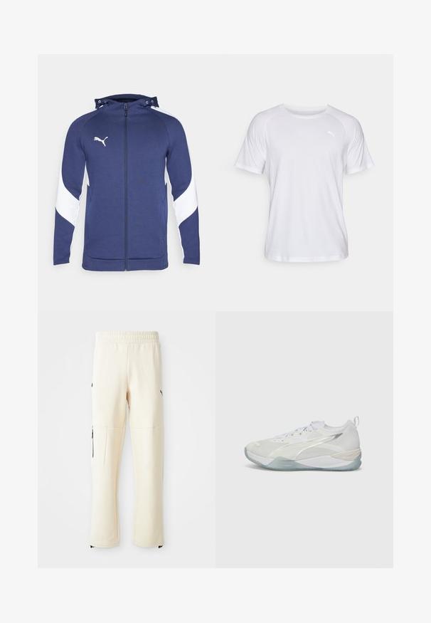 Felpa con zip di colore blu navy, dotata di un design diagonale bianco sulle maniche, cappuccio regolabile, tasche frontali e un piccolo logo bianco sul petto.; Maglietta sportiva bianca a maniche corte con una texture liscia. Presenta un collo tondo e un piccolo logo di un colore chiaro sul lato sinistro del petto.; Pantaloni della tuta beige chiaro realizzati in tessuto morbido. Presentano un logo nero, tasche laterali con cerniere e una vestibilità ampia.; Scarpa sportiva bianca con tomaia in rete, sovrapposizioni testurizzate e suola traslucida. Presenta un design con lacci e un tab posteriore per una facile calzata.