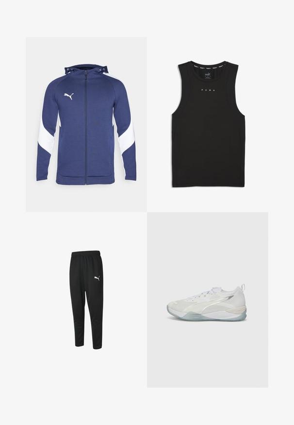 Námořnická modrá mikina na zip s bílým diagonálním designem na rukávech, nastavitelnou kapucí, předními kapsami a malým bílým logem na hrudi.; Černý bezrukávový sportovní top vyrobený z hladké tkaniny. Obsahuje bílé logo PUMA, kulatý výstřih a boční panely z prodyšného materiálu.; Černé sportovní kalhoty z hladké tkaniny, s pohodlným stahovacím pasem, zúženými nohavicemi a malým bílým logem Puma na levé straně.; Bílé sportovní tenisky s síťovaným svrškem, texturovanými detaily a průhlednou podrážkou. Disponují šněrováním a zadním poutkem pro snadné obouvání.