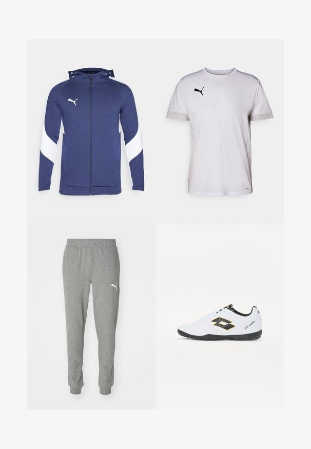 Veste à capuche zippée bleu marine avec un design diagonal blanc sur les manches, capuche ajustable, poches avant et un petit logo blanc sur la poitrine.; T-shirt de sport blanc à manches courtes avec un col rond, présentant des accents en mesh respirant sur les côtés et un logo Puma noir sur la poitrine.; Pantalons de survêtement gris en tissu doux, dotés d'une taille élastique, de jambes fuselées et d'un logo blanc sur la cuisse gauche.; Baskets blanches avec des accents noirs et jaunes, dotées d'un dessus texturé, d'un embout rond et d'une semelle en caoutchouc noire. Le design comprend un détail de logo sur le côté.