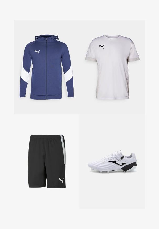 Navyblauer Reißverschluss-Hoodie mit einem weißen diagonalen Design auf den Ärmeln, verstellbarer Kapuze, Fronttaschen und einem kleinen weißen Logo auf der Brust.; Weißes kurzärmeliges Sportshirt mit Rundhalsausschnitt, ausgestattet mit atmungsaktiven Netzdetails an den Seiten und einem schwarzen Puma-Logo auf der Brust.; Schwarze sportliche Shorts aus leichtem Stoff, mit einem weißen Seitenstreifen und einem weißen Puma-Logo auf der unteren linken Vorderseite.; Weißer Fußballschuh mit texturiertem Synthetik-Obermaterial, schwarzen Akzenten, Schnürverschluss und sechs klaren Stollen auf einer schwarzen Sohle für Traktion.
