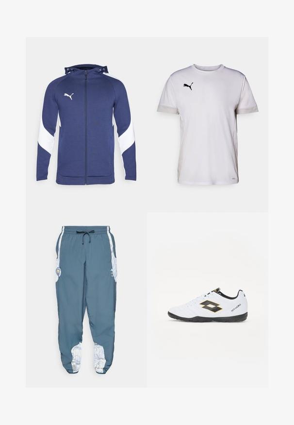 Navyblauwe ritsjack met een witte diagonale lijn op de mouwen, verstelbare capuchon, voorkeurszakken en een klein wit logo op de borst.; Witte korte mouwen sportshirt met een ronde hals, voorzien van ademende mesh accenten aan de zijkanten en een zwart Puma-logo op de borst.; Trainingsbroek van blauwe stof met elastische tailleband en trekkoord. Zijaccenten hebben een witte patroon. Inclusief een merklogo patch.; Witte sportschoenen met zwarte en gele accenten, met een gestructureerde bovenkant, ronde neus en een zwarte rubberen zool. Het ontwerp bevat een logo-detail aan de zijkant.
