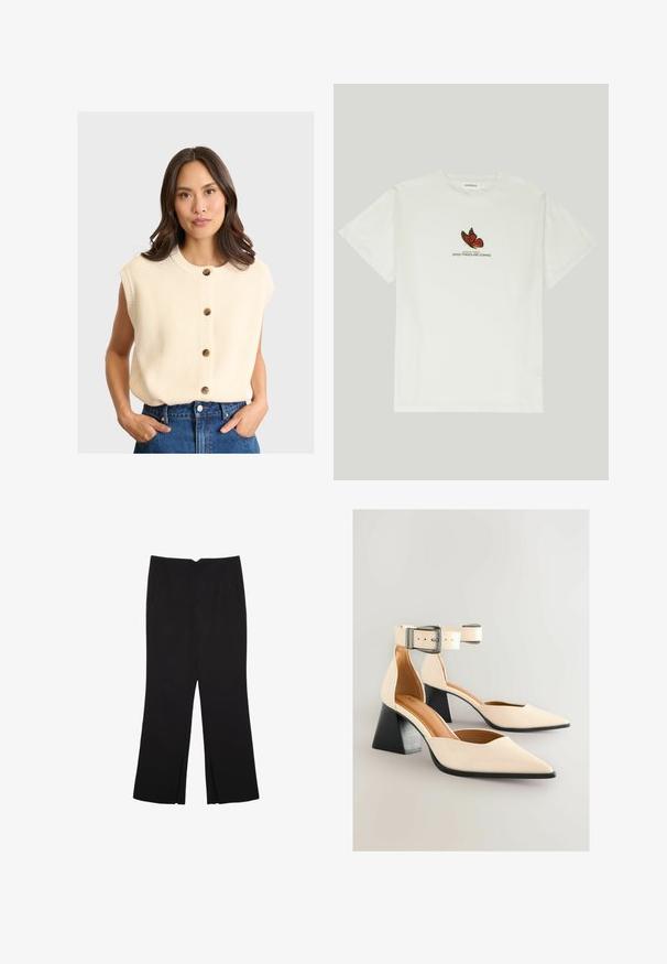 Skrócona, bezrękawna bluzka dzianinowa w kolorze kremowym z prążkowaną teksturą, z okrągłym dekoltem i pięcioma drewnianymi guzikami z przodu.; Biała bawełniana koszulka z motywem motyla w kolorach czerwonym i czarnym, z napisem "Skrzydła zmiany, dobre rzeczy nadchodzą" poniżej.; Czarne spodnie o prostym kroju, z przednimi kieszeniami i bocznymi rozcięciami na dole. Wykonane z miękkiego, gładkiego materiału. Odpowiednie na różne okazje.; Kremowe lakierowane buty na wysokim obcasie z trójkątnym noskiem i regulowanym paskiem wokół kostki. Posiadają masywny czarny obcas i gładką fakturę.