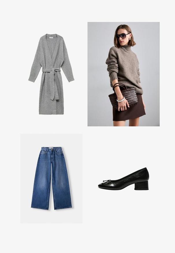 Sivi kardigan izrađen od mekanog materijala, s dubokim V-izrezom, dugim rukavima i vezanjem u struku. Jednostavan dizajn bez uzoraka ili ukrasa.; Bijela košulja dugih rukava s okruglim izrezom. Tkanina ima teksturirani uzorak s vertikalnim linijama i rebrastim detaljima.; Bershka WIDE-LEG - Široke nogavice - dark blue; Crne lakirane kožne cipele s zaobljenim vrhom, malim blok-petama i detaljem mašne sprijeda. Glatka tekstura s sjajnom završnom obradom.; DRAGON DIFFUSION MINI FLAT GORA - Ručna torba - dark brown
