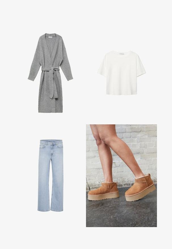 Harmaa neuletakki, joka on valmistettu pehmeästä materiaalista, syvällä V-kaula-aukolla, pitkillä hihoilla ja vyötärösoljella. Yksinkertainen muotoilu ilman kuvioita tai koristeita.; Valkoinen lyhythihainen T-paita, joka on tehty puuvillasta. Siinä on pyöreä kaula-aukko ja rento malli. Silkkinen pinta ilman näkyviä kuvioita tai koristeita.; Vaaleansiniset leveät farkut, jotka on valmistettu denimistä. Ominaisuuksiin kuuluvat vyölenkit, viisipaikkainen muotoilu ja ommellut koristetikkaukset saumoissa.; Ruske mokasine do gležnja od nubuk kože s mekim podstavom, debelim bež platformama i stražnjim držačem. Teksturirana površina s vidljivim detaljima šavova.