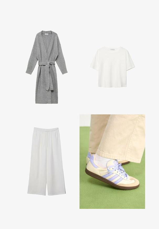 Harmaa neuletakki, joka on valmistettu pehmeästä materiaalista, syvällä V-kaula-aukolla, pitkillä hihoilla ja vyötärösoljella. Yksinkertainen muotoilu ilman kuvioita tai koristeita.; Valkoinen lyhythihainen T-paita, joka on tehty puuvillasta. Siinä on pyöreä kaula-aukko ja rento malli. Silkkinen pinta ilman näkyviä kuvioita tai koristeita.; Valkoiset leveälahkeiset housut, jotka on valmistettu kevyestä kankaasta. Niissä on joustava vyötärö ja nauha säädettävää istuvuutta varten. Sileä pinta.; Kermasilta ja laventelilta näyttävät lenkkarit kolmella raidalla ja teksturoidulla ruskealla pohjalla, varustettuna nauhoilla ja pehmustetulla kantapäällä. Pehmeä kangaspinta.