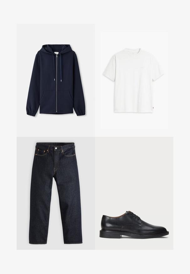 Felpa con zip di colore navy realizzata in tessuto morbido, dotata di cappuccio con coulisse, tasche frontali e polsini elasticizzati. Design semplice e funzionale.; T-shirt bianca in cotone con maniche corte, colletto tondo e logo Levi's discreto stampato al centro. Texture morbida e vestibilità standard.; Jeans in denim blu scuro con taglio dritto, cinque tasche, cuciture arancioni a contrasto e chiusura con bottone. Nessun motivo o decorazione visibile.; Scarpa da uomo in pelle nera con punta rotonda, design con lacci e tacco basso impilato. Texture liscia con dettagli di cucitura minimi.