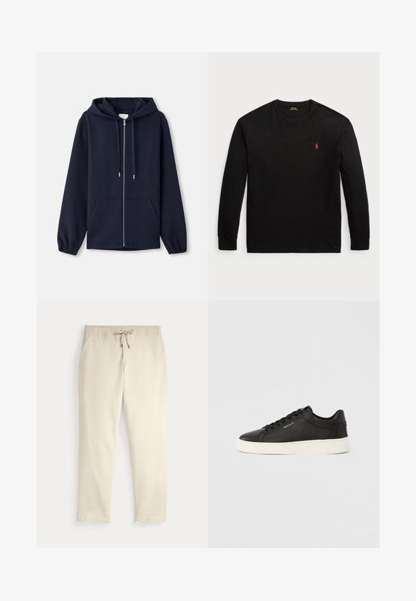 Mėlynas zip-up džemperis pagamintas iš minkštos medžiagos, turi reguliuojamą gobtuvą, priekinės kišenes ir elastingas rankoves. Paprastas ir funkcionalus dizainas.; Juodas ilgomis rankovėmis t-shirt, pagamintas iš medvilnės. Turi apvalų kaklą, suglebusius rankogalius ir mažą raudoną siuvinėtą logotipą ant krūtinės. Lygi tekstūra.; Oficialiai balti kasdieniniai kelnės su elastiniu juosmeniu ir raišteliu, tiesiomis kojomis ir šoninėmis kišenėmis prieš paprastą foną.; Juodi odiniai sportbačiai su balta guminė padais, lygiais batraiščiais ir šonine logotipo detale. Lygios tekstūros ir apvalios nosies dizainas.