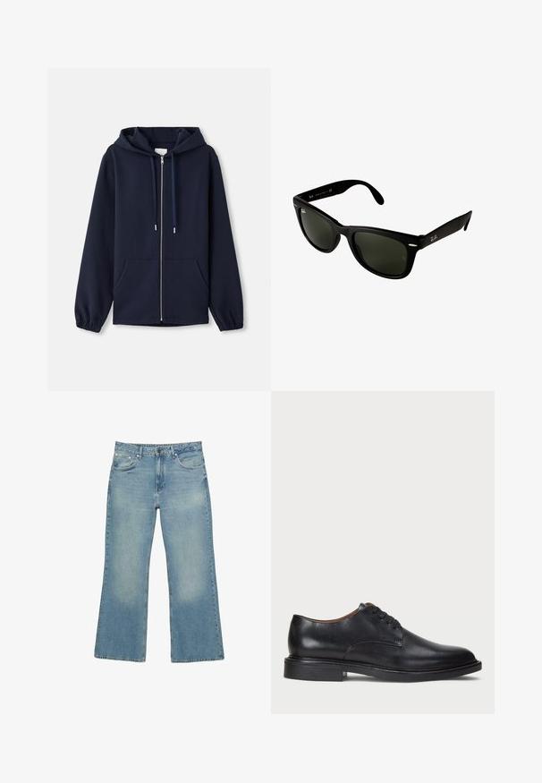 Námornícka zipsová mikina vyrobená z mäkkého materiálu, vybavená kapucňou na šnúrku, prednými vreckami a elastickými manžetami. Jednoduchý a funkčný dizajn.; Biela dlhá rukávová henley košeľa s tromi gombíkmi a okrúhlym výstrihom, vystavená na jednoduchom bielom pozadí.; Svetlomodré denimové nohavice s širokými nohavicami, piatimi vreckami, zapínaním na gombík a jemným opotrebovaním, so surovým lemom a pevným šitím.; Čierne kožené spoločenské topánky s okrúhlym špičkou, šnurovacím dizajnom a nízkym zloženým podpätkom. Hladký povrch s minimálnymi švovými detailmi.; Čierne plastové slnečné okuliare s tmavozelenými sklami. Tento štvorecový rám má strieborné akcenty a vyrazené logo na spánku.
