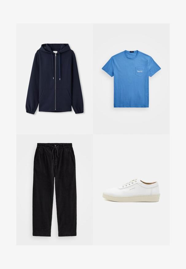 Tengerészkék, cipzáros kapucnis pulóver, puha anyagból készült, húzózsinóros kapucnival, elülső zsebekkel és elasztikus mandzsettákkal. Egyszerű és funkcionális design.; Kék pamut póló rövid ujjakkal, kerek nyakkivágással és folttal ellátott zsebből, amelynek mellkasán hímzett "Polo RL" logó található.; Fekete kordbársonyfelső nadrág laza szabással, rugalmas derékpánttal és húzózsinórral, valamint oldalsó zsebekkel. Az anyag bordás textúrájú.; Fehér bőr sportcipő textúrázott felülettel, kerek orral, bézs gumitalppal és hat szürke fűzőlyukkal, melyen diszkrét logó található az oldalon.