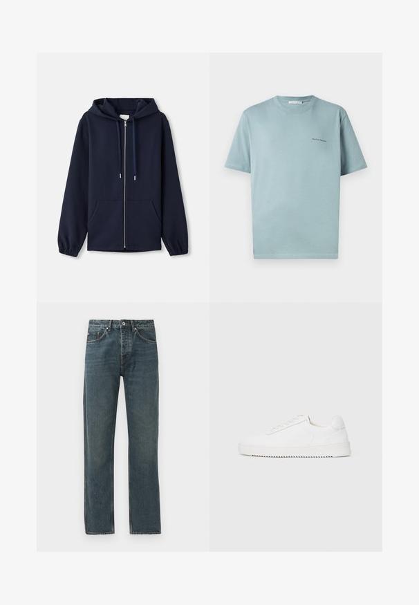 Tengerészkék, cipzáros kapucnis pulóver, puha anyagból készült, húzózsinóros kapucnival, elülső zsebekkel és elasztikus mandzsettákkal. Egyszerű és funkcionális design.; Világoskék pamut póló, kerek nyakkal, rövid ujjakkal, és egy kis "TIGER OF SWEDEN" logóval a bal mellrészen. Sima textúra.; Sötétkék farmernadrág egyenes lábbal, öt zsebbel, gombos záródással és kontrasztos varrási részletekkel.; Fehér sneaker sima bőr felsőrésszel, lekerekített orral, fűzőkkel, texturált oldalsó díszítésekkel és vastag gumitalppal. Minimalista dizájn.