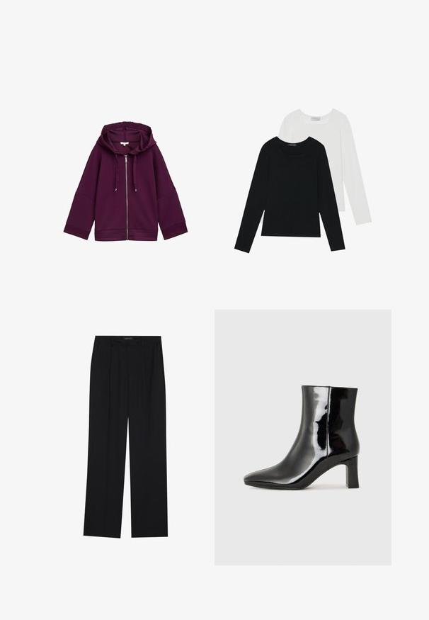 TOM TAILOR Sweater met rits - blackberry; Twee shirts met lange mouwen, één zwart en één wit, beide met een vierkante halslijn en gemaakt van zacht, rekbaar materiaal.; Zwarte broeken met een rechte pijpontwerp, voorzien van twee voorkanten zakken en een tailleband. Gemaakt van een gladde, lichte stof.; Zwarte gepolijste leren enkellaars met een spitse neus en een blokhak van gemiddelde hoogte. Glad textuur en minimalistisch ontwerp.