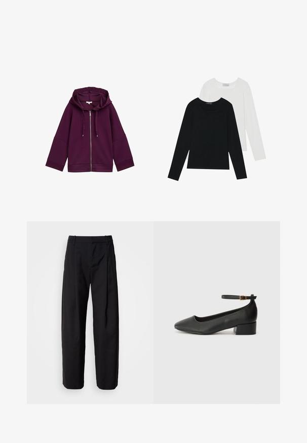 TOM TAILOR Felpa con zip - blackberry; Due magliette a maniche lunghe, una nera e una bianca, entrambe con scollo quadrato e realizzate in un tessuto morbido e elasticizzato.; Pantaloni neri con una vestibilità comoda, vita plissée e passanti per cintura. Tessuto liscio e gambe dritte, dotati di tasche laterali.; Pump in pelle nera con punta affusolata e tacco basso a blocco. Presenta una cinghia alla caviglia con una fibbia in tonalità oro. Texture liscia.