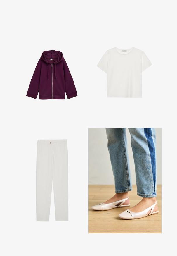 TOM TAILOR Sweater met rits - blackberry; Witte T-shirt met korte mouwen, gemaakt van zachte katoen. Heeft een ronde halslijn en een relaxte pasvorm. Schoon ontwerp zonder zichtbare patronen of accenten.; Witte, op maat gemaakte broek met een rechte pijpdesign, featuring een knoopsluiting, riemlussen en zijzakken; gladde stoftextuur.; Zachtroze slingback ballerina's met een spitse neus, gemaakt van een glad leerachtig materiaal. Bevat uitsnijdingen aan de zijkanten en heeft een platte hak.