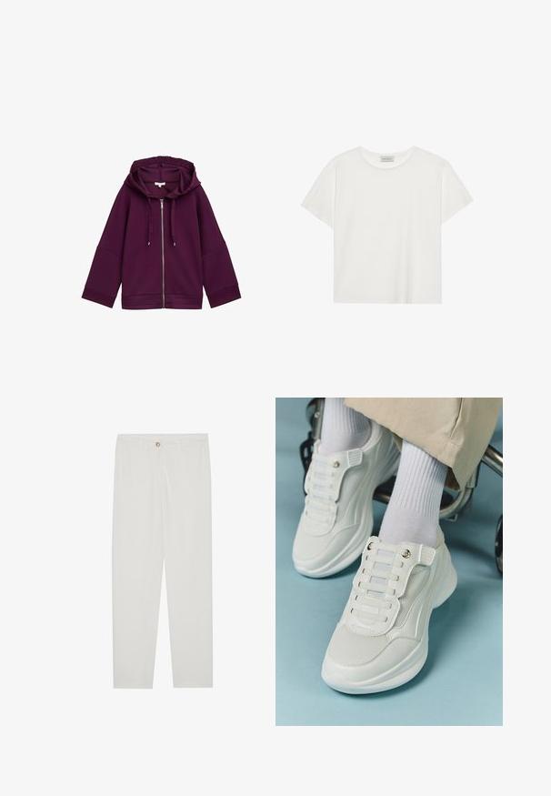 TOM TAILOR Sweater met rits - blackberry; Witte T-shirt met korte mouwen, gemaakt van zachte katoen. Heeft een ronde halslijn en een relaxte pasvorm. Schoon ontwerp zonder zichtbare patronen of accenten.; Witte, op maat gemaakte broek met een rechte pijpdesign, featuring een knoopsluiting, riemlussen en zijzakken; gladde stoftextuur.; Witte sneakers met een mesh materiaal, rubberen zool, vetersloze uitvoering met elastische banden en gouden accenten.