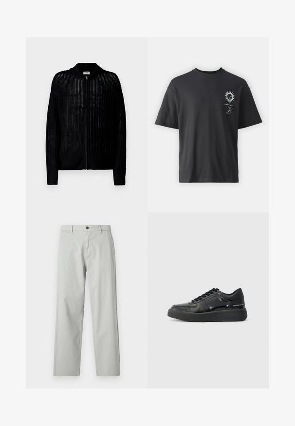 Denim Project Cardigan - black; Tricou din bumbac negru, cu mâneci scurte, guler rotund și grafica frontală a unui soare și a unei luni, însoțită de textul "Le Soleil et La Lune."; Pantaloni gri deschis, cu croi drept, confecționați dintr-un material țesut neted. Au închidere cu nasture în față și buzunare laterale. Stil minimalist.; Tenisi din piele neagră cu un finisaj neted, vârf rotund și talpă din cauciuc negru în contrast. Prezintă șireturi plate și branding pe lateral.