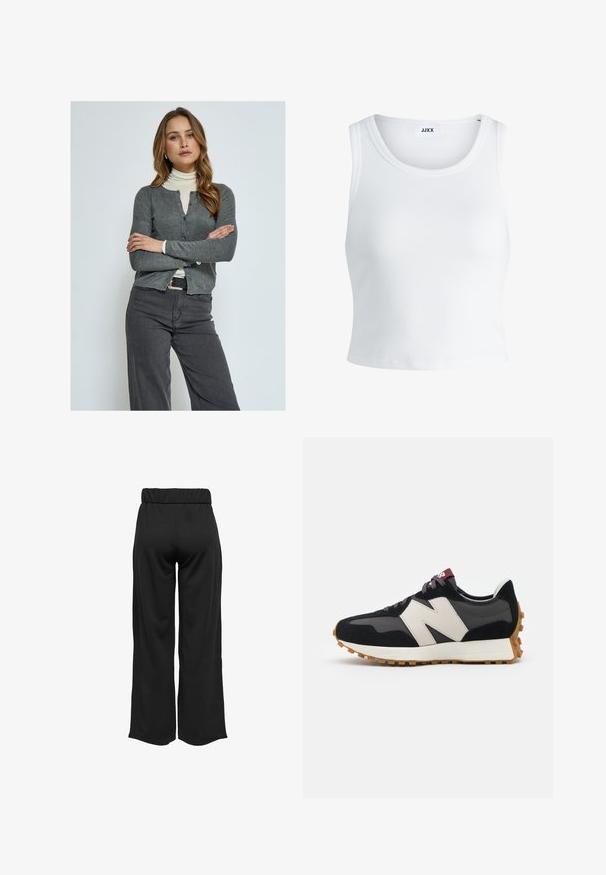 PEPPERCORN PCTANA - Kardiganas - grey mel; Balta raukšlėta tank top marškinėliai su apvaliu iškirpimu, be rankovių dizainu ir trumpa ilgio. Etiketėje parašyta "JJXX." Lygus audinio paviršius.; Juodos, plačios kelnės su elastinga juosta, pagamintos iš lygaus audinio. Pasižymi švariu dizainu, be kišenių ar matomų siūlių detalių.; Juoda ir pilka zomšinė sportinė avalynė su dideliu kreminiu "N" logotipu, violetinėmis raištelėmis ir tekstūruota gumos padu.