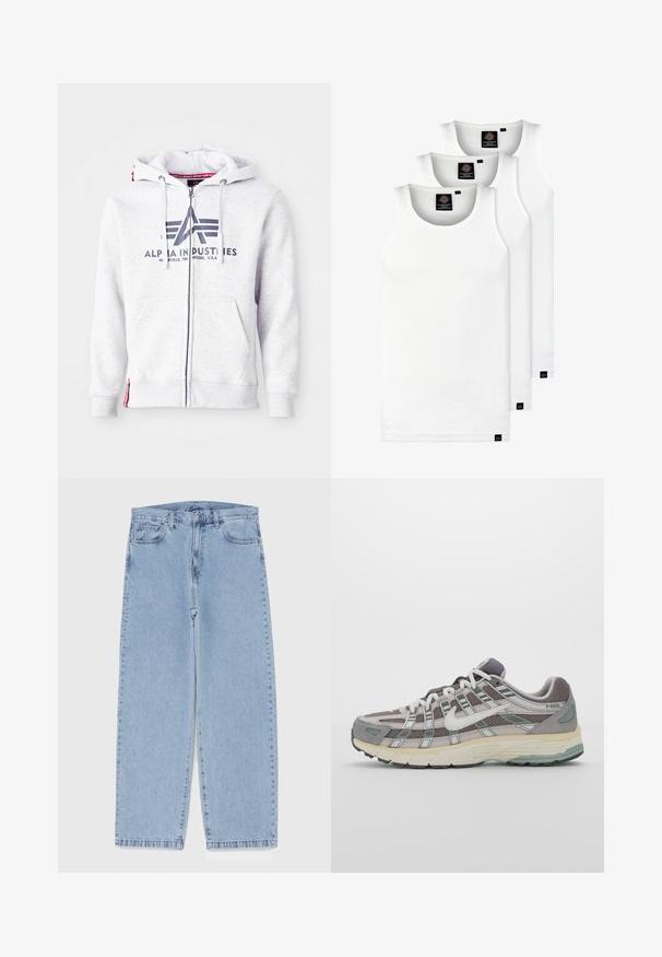 Grå zip-up hoodie i mjukt tyg, med ett fram-tryckt logo, justerbara dragsnören och sidofickor. Röd accent vid fållen.; Tre vita ribbade linnen i bomull. Har rund halsringning och små svarta etiketter vid fållen. Finns i flera storlekar.; Ljusblå denimjeans med rak bendesign, midjehög midja, fem fickor samt knapp- och dragkedjestängning.; Grå atletiska sko med en överdel av mesh och mocka, vita accenter, en vadderad sula och en unik design med reflekterande element.