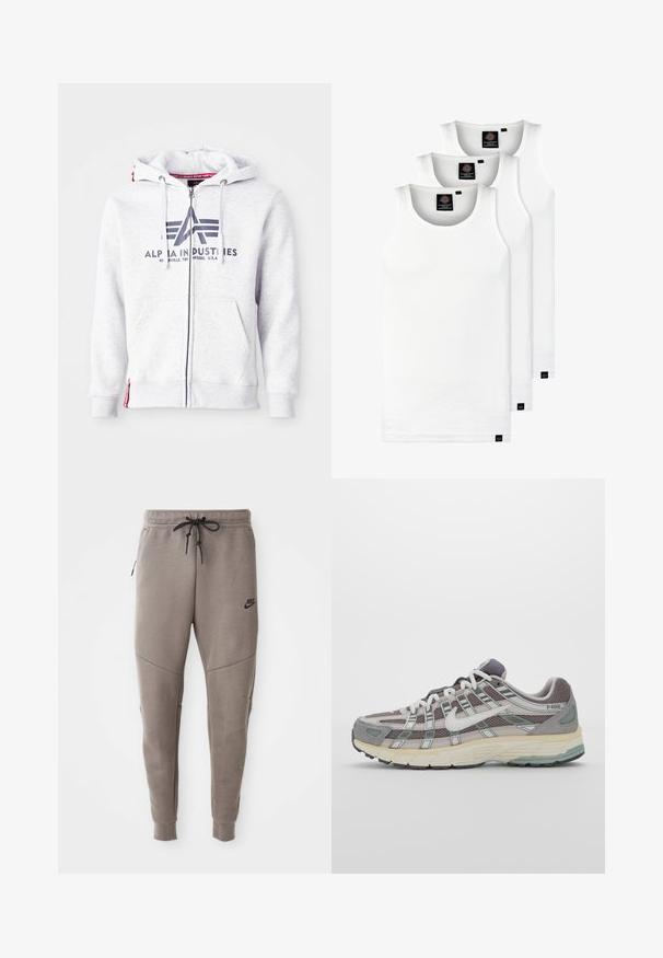 Grå zip-up hettegenser laget av mykt stoff, med trykk av logo foran, justerbare snorer og sidelommer. Rød aksent på kanten.; Tre hvite ribbestrikkede tank topper laget av bomull. Har en rund hals og små svarte etiketter nær kanten. Tilgjengelig i flere størrelser.; Grå Nike joggebukser med snor i midjen, smale ben, sidelommer og distinkte sømdetaljer. Myk, teksturert stoff.; Grå treningssko med overdel i nett og semsket skinn, hvite detaljer, en polstret såle, og et særpreget design med reflekterende elementer.