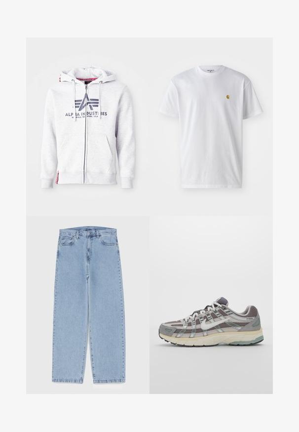 Pilkos spalvos užtrauktuku užsegamas džemperis, pagamintas iš minkštos medžiagos, su priekyje esantį logotipo spaudiniu, reguliuojamais raišteliais ir šoninėmis kišenėmis. Raudona detalė apatiniame krašte.; Balta medvilnės marškinėliai su trumpomis rankovėmis, apvalia iškirpte, kuriuose kairėje krūtinės pusėje yra mažas auksinis logotipas. Minkšta tekstūra ir reguliari forma.; Šviesiai mėlyni džinsai su tiesiomis kojomis, turintys vidutinio aukščio juosmenį, penkias kišenes ir mygtuko bei užtrauktuko uždarymą.; Pilkas sportinis batas su tinklu ir zomšos viršutine dalimi, baltomis detalėmis, paminkštintu padu ir išskirtiniu dizainu su atspindinčiais elementais.