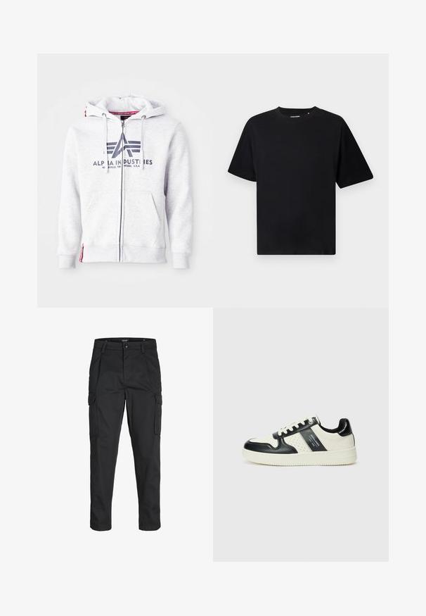 Gray zip-up hoodie made of soft fabric, featuring a front logo print, adjustable drawstrings, and side pockets. Red accent on the hem.; Black short-sleeve crew neck T-shirt with a relaxed fit, displayed on a white background.; Black cargo pants made of sturdy fabric, featuring multiple pockets, a button closure, and a slim fit design with tapered legs.; Leather sneakers with a black and cream color scheme, featuring perforated accents, a padded collar, and a textured outsole.