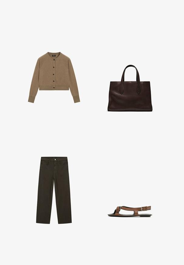 Bruine cropped cardigan gemaakt van zacht materiaal, met een ronde halslijn, lange raglanmouwen en zes zwarte knopen aan de voorkant.; Bruine cropped t-shirt met een ronde halslijn, korte mouwen en een zachte textuur. Ontworpen met een losse pasvorm en minimale details.; Donkergroene wijde jeans van een katoenmix, met een sluiting met een voorste knop, vijf zakken en klassieke denimstiksels.; Bruine leren sandaal met een open teen en zijuitsparingen. Voorzien van een enkelband met een metalen gesp en een platte zool.; Bruine leren tote bag met twee verlengde handvatten, gestructureerde rechthoekige vorm, gladde textuur en subtiele stiksels.