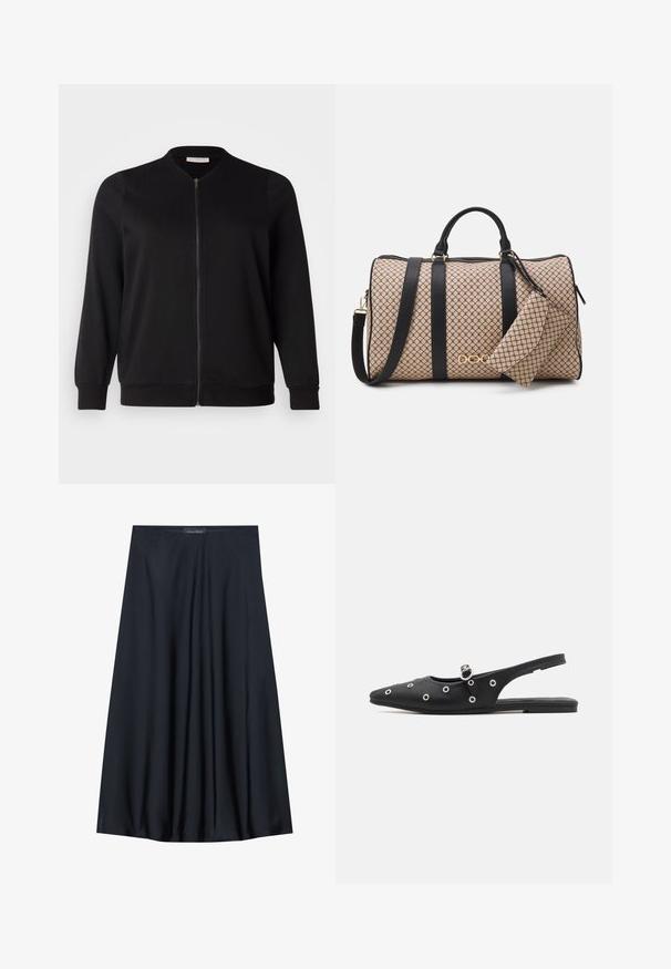 ONLY Carmakoma CARJOYCE - Pilotska jakna - black; Žuta bezrukava majica s teksturiranim završetkom i skupljenim detaljem sa strane. Mekana tkanina i opušteni kroj, s ravnim rubom.; Crna suknja do koljena izrađena od lagane tkanine s lepršavim dizajnom. Ima glatku teksturu i suptilne plisirane detalje.; Crne slingback cipele s šiljastim vrhom, glatkim materijalom, srebrnim detaljima i remenom s kopčom. Ravni potplat s minimalnim uzorkom.; Torba na duffle s bež uzorkom, crnim kožnim remenima, zlatnim priborom i malom odgovarajućom torbicom zakačenom na nju. Strukturalni dizajn.; Zlatni pravokutni ručni sat s bijelim brojčanikom, srebrnim oznakama sati i dugotrajnom metalnom narukvicom. Uključena značajka vodootpornosti.