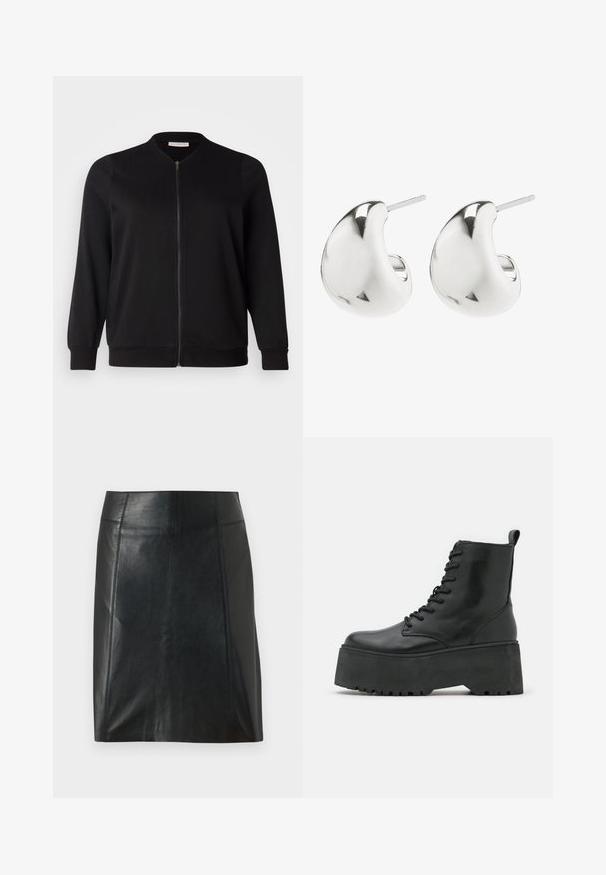 ONLY Carmakoma CARJOYCE - Bomberjacka - black; Vit ribbad linne med rund halsringning och ärmlös design, med en rak nederkant och en smidig, elastisk textur.; Svart läderkjol med en figursydd design. Slät textur, sömmar som markerar formen, och en rak fåll. Minimalistisk och elegant look.; Svarta ankelstövlar med en kraftig platåsål, tillverkade av slätt läder, med snörningsdesign och en dragbaksrem bak.; Silverfärgade stickörhängen med en slät, böjd design. De har en polerad yta och en baksida med nål för säker användning.