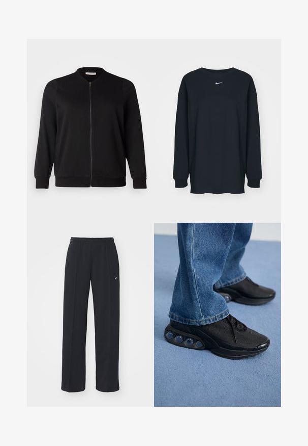 ONLY Carmakoma CARJOYCE - Bombejakke - black; Svart langermet T-skjorte laget av bomull med rund hals. Har en hvit Nike-logo på brystet. Myk tekstur, enkelt design.; Sorte Nike joggebukser med elastisk midjebånd og sidelommer, med en liten hvit logo på venstre ben og en rett passform.; Svart treningssko med mesh-overdel, teksturerte detaljer og synlige luftputepoder i sålen. Bærer med blå denimjeans.