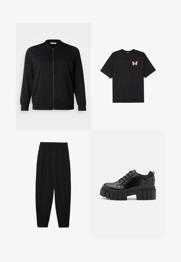 ONLY Carmakoma CARJOYCE - Geacă bomber - black; Tricou negru din bumbac cu mâneci scurte, având pe partea stângă a pieptului un mic grafic cu un fluture roz. Design cu guler rotund și croială lejeră.; Pantaloni negri, ușori, cu un brâu elastic și tivuri strânse. Materialul este neted și are un design relaxat, conic.; Pantofi cu talpă plată din piele neagră, cu toc gros, vârf rotund și design tradițional cu șireturi. Prezintă o textură netedă și detalii minime.