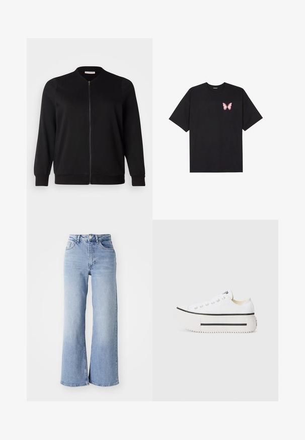 ONLY Carmakoma CARJOYCE - Bomber dzseki - black; Fekete pamut póló rövid ujjakkal, bal mellkason egy kis rózsaszín pillangó grafikával. Kerek nyakú kialakítás, laza fazonnal.; Világoskék, magas derekú, bőszárú farmernadrág elülső és hátsó zsebekkel, gombos záródással és finom fakulással a combokon és a szegélyeken.; Fehér vászon platform edzőcipők fekete gumitalppal, kerek orrbetéttel és fém szemgyűrűkkel, amelyek egyszerű, letisztult dizájnnal rendelkeznek.