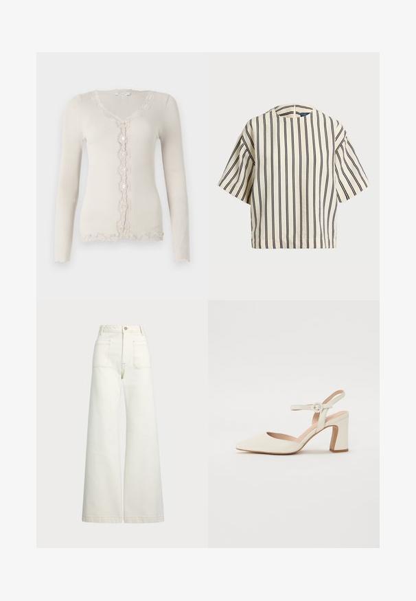 Beige ribbed cardigan with long sleeves, V-neckline, five button closure, and scalloped lace trim along the edges and placket.; Short-sleeve, striped top in cream and navy, featuring a round neckline and boxy design with a textured fabric.; Wide-leg jeans in off-white denim. High-waisted design with a button closure, two front pockets, and contrast stitching details.; Pointed-toe, cream-colored pump with a block heel. Features a thin ankle strap with a round buckle and a smooth leather texture.