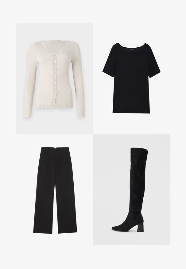 Cardigã bege com nervuras, mangas longas, decote em V, fecho com cinco botões e acabamento em renda recortada ao longo das bordas e da pala.; T-shirt preta de mangas curtas com um decote largo. Feita de um tecido leve e suave. Design simples, sem padrões nem detalhes.; Anna Field Calças - black; Bota de camurça preta até ao joelho com salto bloco, bico fino e design suave e sem costuras sobre um fundo claro.